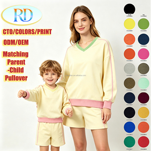 New Autumn Yellow <strong>Matching</strong> Family V-Neck Sweatshirt Set Color-Block Long-Sleeve Top &amp; Shorts Bamboo Terry Casual Daily <strong>Outfits</strong> - Product Image 1
