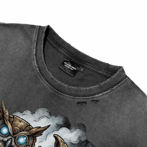 Camisetas de Hombre de Manga Corta con Lavado Ácido de Alta Calidad, Estilo Vintage Steampunk con Estampado de Búho DTG, Cuello Redondo, Oversize, Estilo Urbano - Product Image 4