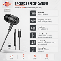 Écouteurs intra-auriculaires filaires stéréo WISDOMUP EJ 60 Type C avec chipset JL, basses profondes, audio HD, résistance à l'eau IPX5, micro pour jeux
