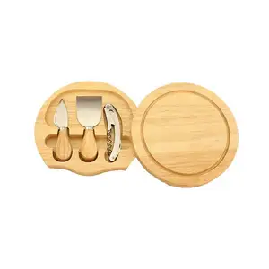 wholesale custom logo Rubber Wood Cheese And With Wine Opener Screwer Knife Board Set Round Cutting Board
