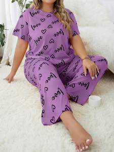 Vêtements de maison pour femmes grandes tailles, style européen et américain, pyjama à manches courtes, taille élastique avec motif d'amour - Product Image 6