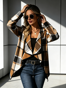 Women Plus Size Vintage Plaid Print Collar <b>Cardigan</b> Casual Standard Open Front Coat for Autumn Daily Outfit - Product Image 4