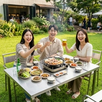 Table de barbecue carrée pliable en acier inoxydable pour KBBQ, design moderne, gain de place pour l'extérieur