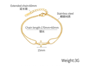 Gold Plated Double Layer <strong>Bead</strong> Chain Religious Cross Stainless Steel <strong>Bracelet</strong> for Men - Product Image 3