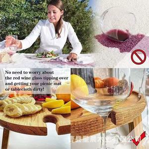 <b>Wooden</b> Outdoor Picnic <b>Table</b> Round <b>Foldable</b> Solid Wood Fruit Storage Tray With Wine Glass Holder - Product Image 1