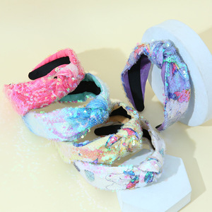 Diseñador de lentejuelas de lujo Color sólido brillo joyería de moda lentejuela escamas de pescado brillo mujeres anudadas diadema de pelo - Product Image 3