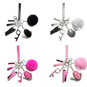 7pcs self defense supplies whistle light carabiner keychain rhinestone self defense rubber beads keychain for women