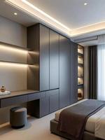 Armoire intégrée moderne mate tout-en-un avec bureau, bibliothèque et éclairage LED pour chambre principale – Système de placard sur mesure