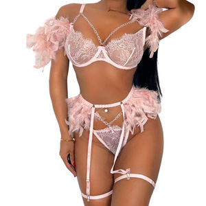 Conjunto de 4 piezas de ligas para mujer, disfraces eróticos, lencería Sensual con plumas, Sujetador de encaje <span class=keywords><strong>transparente</strong></span> Sexy con cadena, conjuntos exóticos - Product Image 1