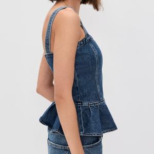 2025 Haut en jean personnalisé pour femme, style vintage, sans bretelles, à volants, coupe ample et ajustée, avec smockage, élégant, pour femmes - Product Image 3