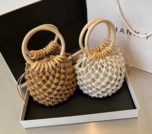 Ethnic Style Wooden Ring Handle Straw Bag Women Net <b>Mini</b> Clutch Tote Handmade Woven Cotton Rope Hollow Summer Vacation Beach Bag - Product Image 1