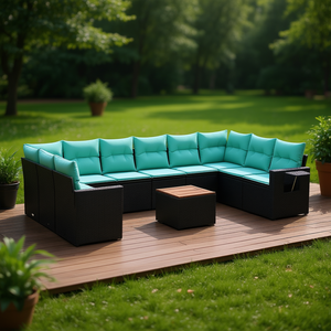 Black Poly <b>Rattan</b> Garden <b>Sofa</b> Set With Cushions 10 Seater Outdoor Furniture Contemporary Design - Product Image 2