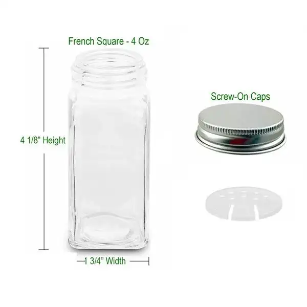 Pots à épices transparents en verre, 4oz, récipients carrés vides, avec couvercles shakers et métal hermétique