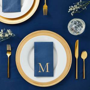 Serviettes en papier monogramme bleu avec initiale M en feuille d'or, style 3 plis, fournitures de fête pour mariage, anniversaire, baby shower - Product Image 4