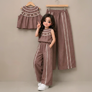 Women's Brown <b>Embroidered</b> Cotton Pants Set Casual Style Spring Summer Breathable Fabric Daily Wear - Product Image 1