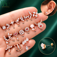 Surtido de Joyería para Piercings de Cartílago, Hélice, Tragus y Lóbulo, de Acero Inoxidable en Tono Oro Rosa con Circonita Cúbica y Diseño Floral, con Cierre de Bola