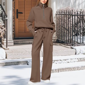 En stock – Ensemble 2 pièces décontracté pour femme, anti-plis, respirant, en polaire de polyester, avec fermeture éclair mi-longue, coupe large, pour le sport - Product Image 2