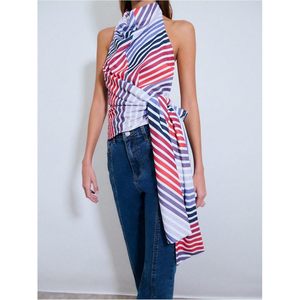 FOXA Women's Striped Cowl Neck Halter <b>Top</b> Sleeveless Wrap Tie Waist Open Back Tank <b>Top</b> - Product Image 2