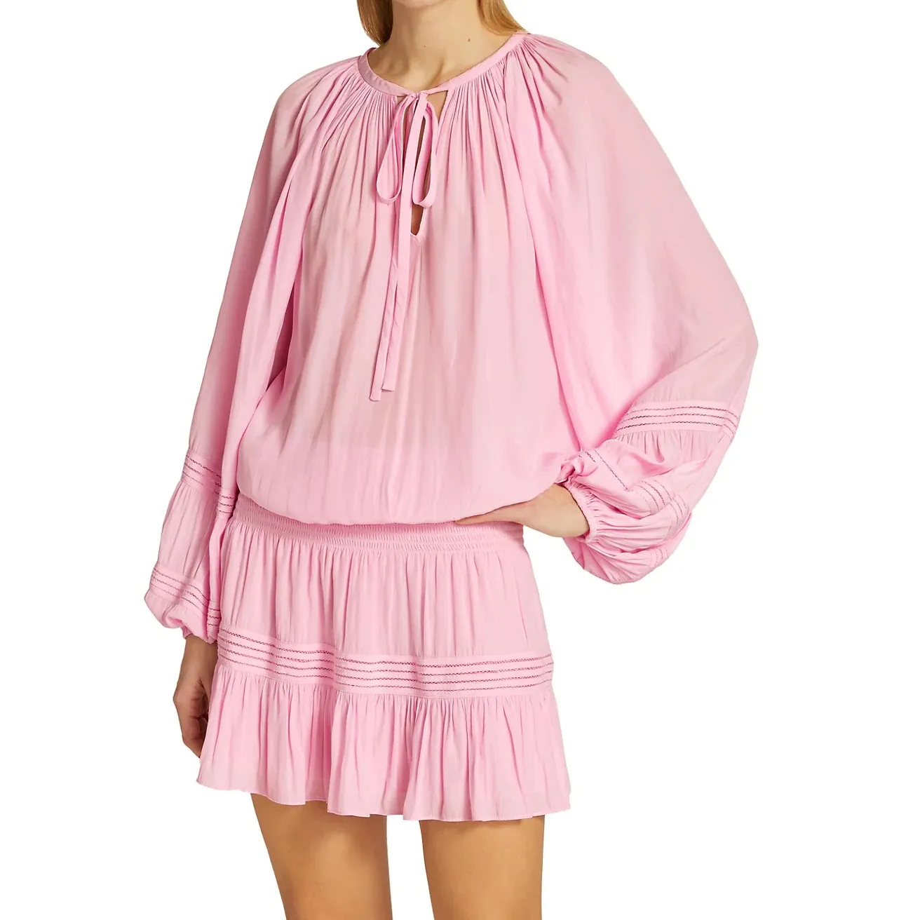 OEM Custom Long Sleeve Silk Cotton Lady Elegant Casual Summer V-neck Hot Pink Mini Dress Women