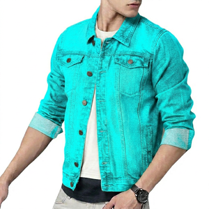 เสื้อแจ็คเก็ตยีนส์สีเขียวสำหรับผู้ชาย แขนยาว ทรงเข้ารูป ปกคอพับได้ สไตล์ลำลอง  ผ้าฝ้ายฟอกสี  พร้อมโลโก้ด้านหน้า  สีพื้น ความยาวปกติ - Product Image 5