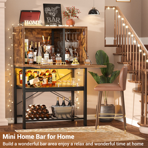 Meuble bar en bois convertible avec prises LED, design moderne à 4 niveaux, porte-<span class=keywords><strong>vin</strong></span> et spiritueux haut pour la maison, la cuisine ou la salle à manger - Product Image 2