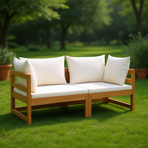 Canapé de jardin en bois d'acacia, blanc crème, 100% polyester, taille moyenne, trois places, mobilier d'extérieur, design contemporain, durable - Product Image 2