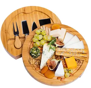 Wholesale Custom New Design Butter Stainless Steel Knife Cheese Tools Round Bamboo Cheese Board Cutting Board With Knife Set