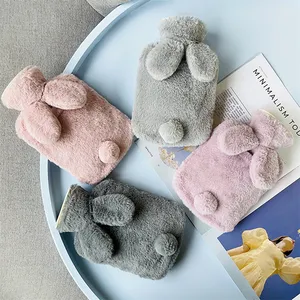 rubber hot water bottle bag with rabbit fur plush cover plush animals hot water bottle with cover