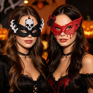 Máscara de media cara de Halloween con purpurina, máscara de ojos de fieltro, máscara de disfraz de murciélago, calavera, bruja, araña, diablo, cuernos, accesorio de cosplay para Halloween - Product Image 5