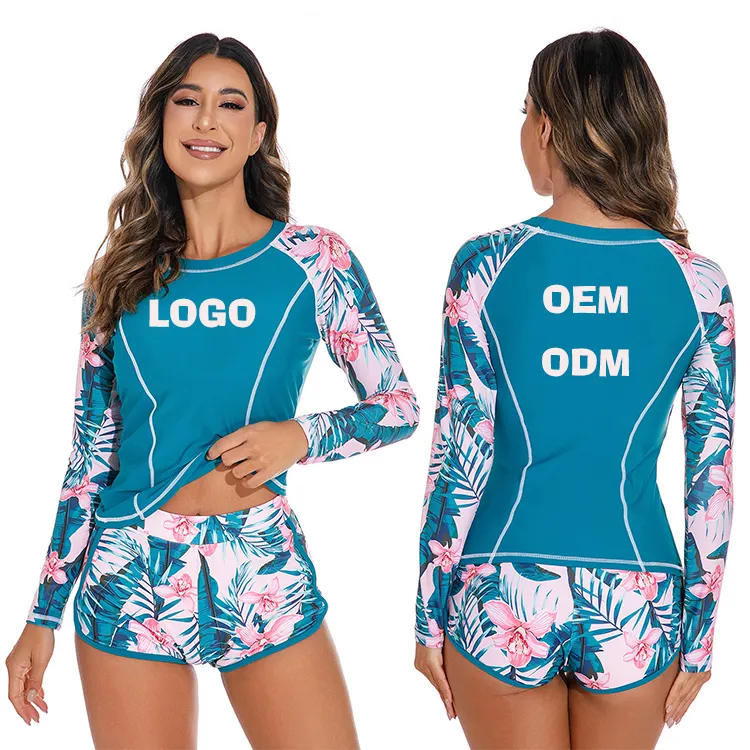 Aide Maillot de bain deux pièces pour femmes, fendu, écran solaire, surf, short à angle plat + bikini imprimé à manches longues, vêtements de plongée