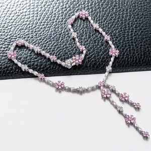 Collier en argent sterling 925 QX avec fleur en CZ rose, pendentif en Y, chaîne à pampilles, serti de zircons, vente en gros, personnalisable - Product Image 2