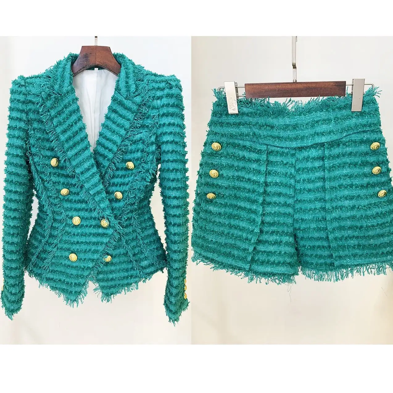 Blazer de tweed com franjas para escritório profissional, conjunto de duas peças de shorts para mulheres, roupa de trabalho e smoking, conjunto de malha
