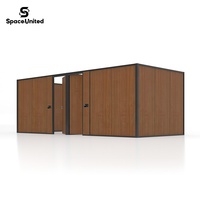 SpaceUnited Modular Office Partition Walls with Wood Grain Panels and Aluminum Frame, Floor to Ceiling Sliding Door for Office