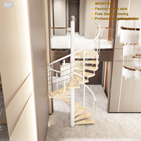 Escalier en colimaçon moderne de luxe en acier et bois pour intérieur, avec garde-corps en câble d'acier brossé et marches en bois naturel pour hall d'appartement