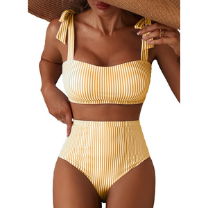 2026 Women Striped <b>Bikini</b> <b>Set</b> Tie Shoulder High Waisted Swimsuit Two Piece Bathing Suit Summer Beachwear - Product Image 4
