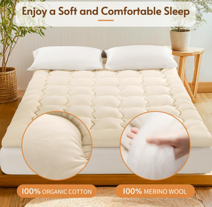 Tissu en <span class=keywords><strong>coton</strong></span> respirant et doux pour la peau de qualité supérieure sur-matelas de remplissage en laine mérinos 100% biologique avec bandes élastiques - Product Image 3