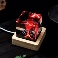 Lampe d'ambiance LED USB en résine en forme de cube de cristal volcanique 3D avec base en bois pour décoration intérieure et cadeau