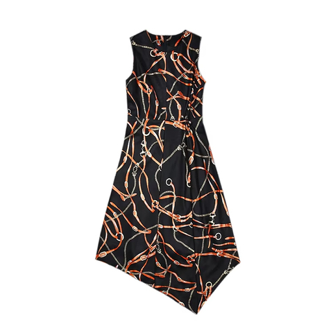 1504 New Fashion Midi Dress Sheep Nappa Printed Jumper Skirts Asymmetrical Hemline Sleeveless Genuine Leather Midi Skirt