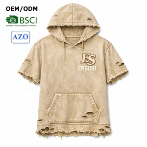 Hoodie vintage personnalisé à manches courtes, effet vieilli, avec logo brodé et imprimé, ourlet effiloché, 100% coton 280g, unisexe, streetwear décontracté, fini enzymatique - Product Image 1