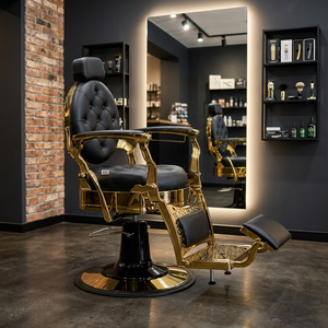 Sillón de Barbería Hidráulico Negro Dorado, Silla de Estilismo Reclinable con Reposapiés para Peluquería - Product Image 6