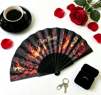 Éventail Pliant Portable en Plastique BSBH, Esthétique Sombre, Motif Rose Rouge Flamboyant et Épines, Idéal pour Festival de Musique, Accessoire Photo Gothique, Personnalisable