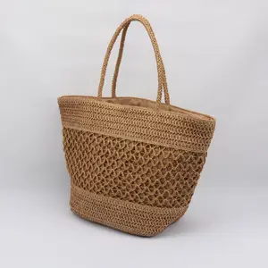 简约设计骆驼编织沙滩袋天然草编沙滩Bgas机编织纸草编袋，搭配颜色衬里，适合女性