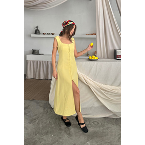 Vestido de lino sin mangas con cuello cuadrado, amarillo S, ajuste informal - Product Image 3