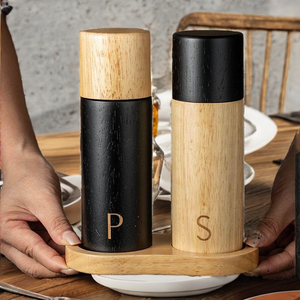 Moulin à sel et poivre semi-automatique en bois avec logo personnalisé, réglage de la grosseur, rechargeable, écologique, ensemble de moulins à poivre manuels avec plateau - Product Image 2