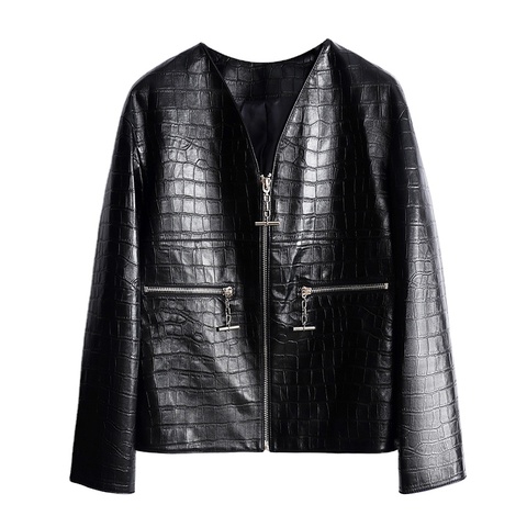 3219 Fashion Personality Design V Neck Zipper Black Crocodile Grain Ladies Real Leather Jacket Coat