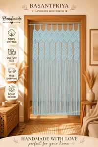 Cortina de Puerta Bohemia de Macramé de Algodón Hecha a Mano con Diseño de Hojas y Cuentas Colgantes, Tamaño Personalizado, Decoración para Sala de Estar y Hogar - Product Image 1