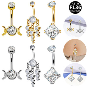 Anneau de nombril en alliage de titane G23 avec zircon carré et pendentif, bijoux de piercing tendance pour femmes, idéal pour les soirées - Product Image 1