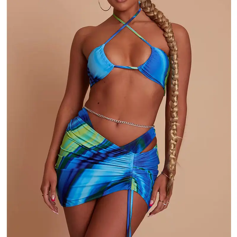 Maiô feminino 3 peças com saia ajustada, roupa de banho, micro biquíni, modelos de maiô, moda praia 2022