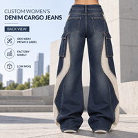 Jean cargo en denim color block personnalisé pour femme, taille haute, jambe large, patchwork, coupe évasée, double boutonnage, pour le streetwear