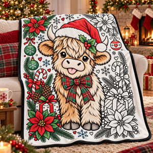 Manta de Peluche de Vaca Highland Navideña para Colorear DIY con Patrón Festivo y Diseño de Gorro de Santa Rojo para un Hogar Acogedor - Product Image 1